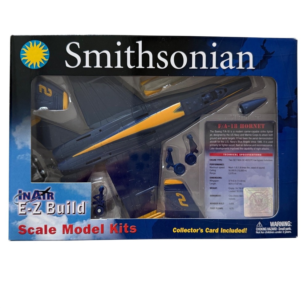 Smithsonian F/A-18 Hornet Blue Angel Kids Scale Model Kit Blue Yellow E-Z Build